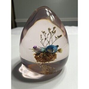 Vtg Daisyglas Birds & Dried Flower Lucite Paperweight Figurine Handcrafted USA
